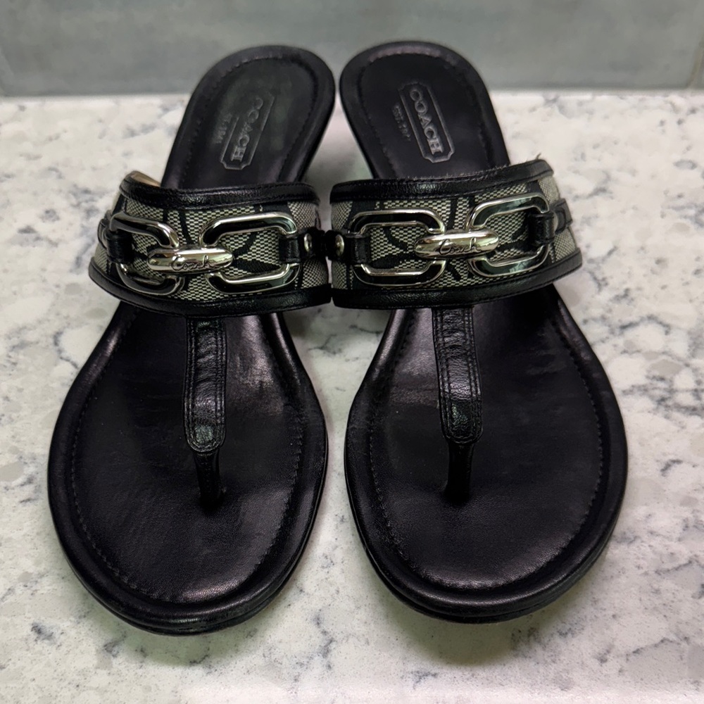 Coach Black  Wedge Thong Sandals with Silver Accents size 6.5